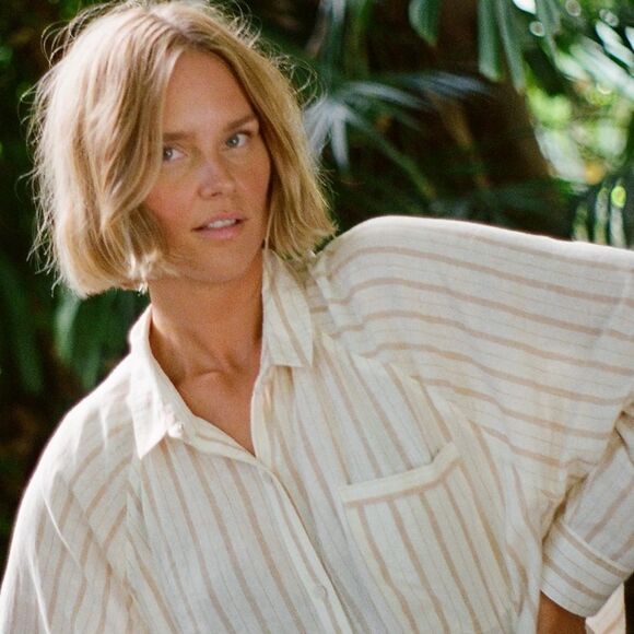 aerie XS Ivory Tan Vertical Stripe Pool-to-Party Linen Blend Cover up Shirt - Picture 6 of 17